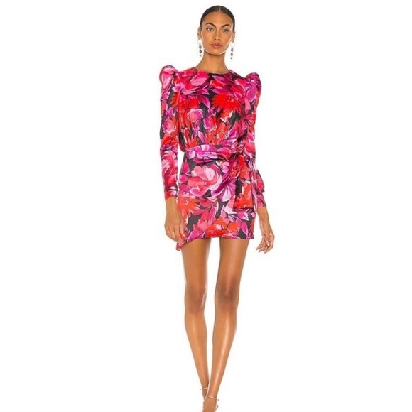 NBD Levigne Floral Mini Dress Long Sleeve Puffy Sleeves XS Wrap Revolve - Picture 2 of 12